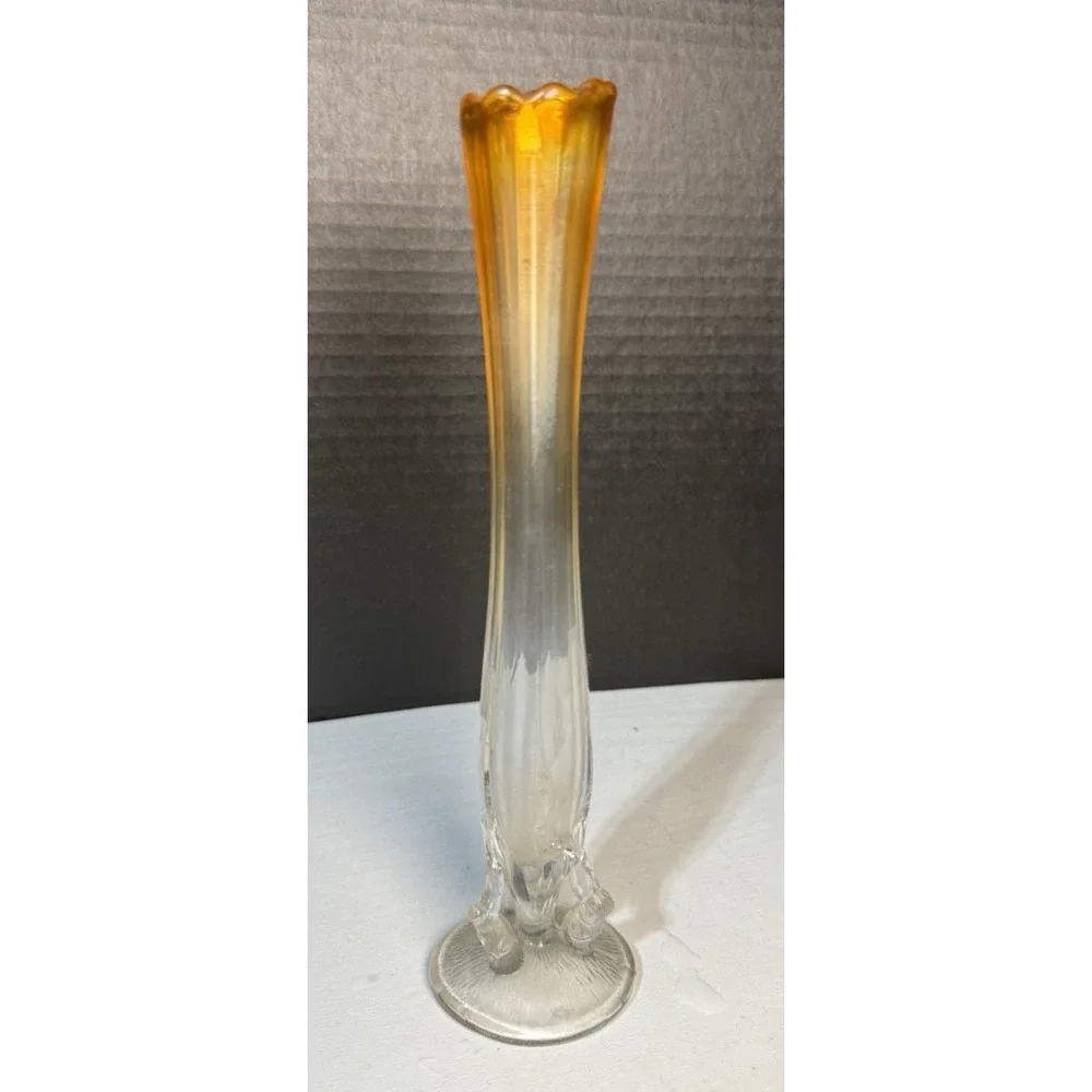 ATQ‎ Dugan Carnival Glass Bud Vase Clear to Marigold w/Twig Branch Base 9.25